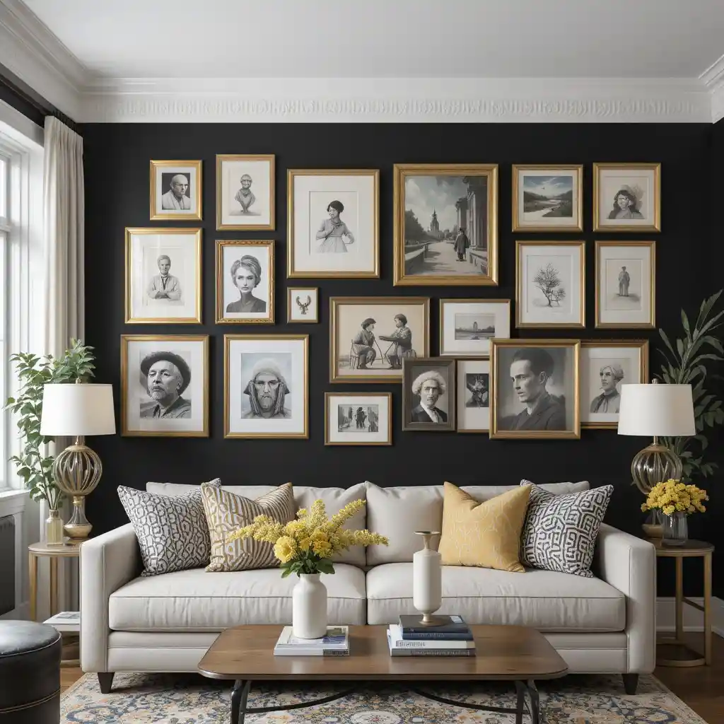 Gold-framed Gallery Wall on Black Paint