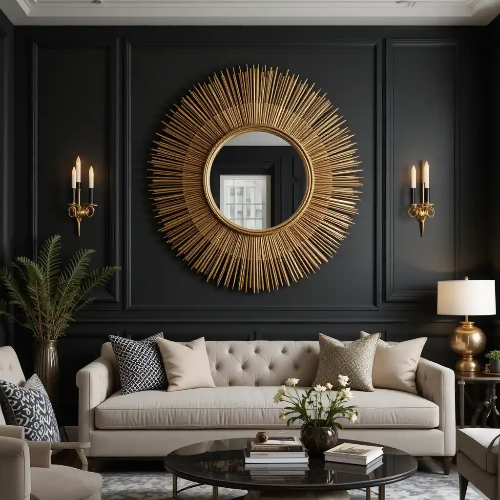 Golden Sunburst Mirrors on Black Walls