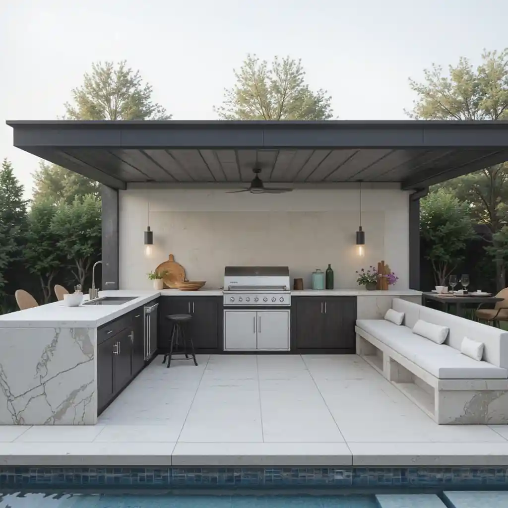 Minimalist Poolside Kitchen with Hidden Storage
