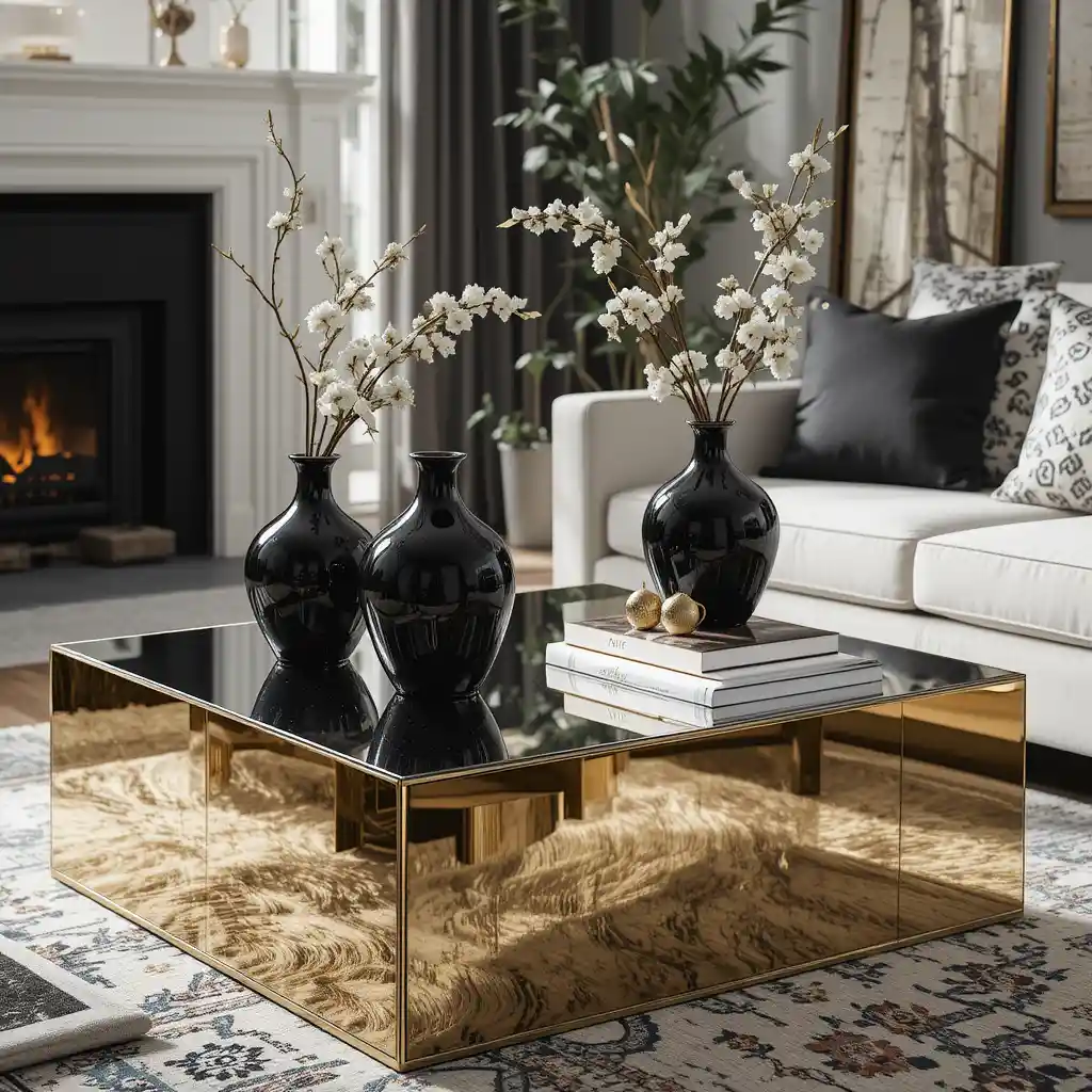 Mirrored Gold Coffee Tables with Black Accents