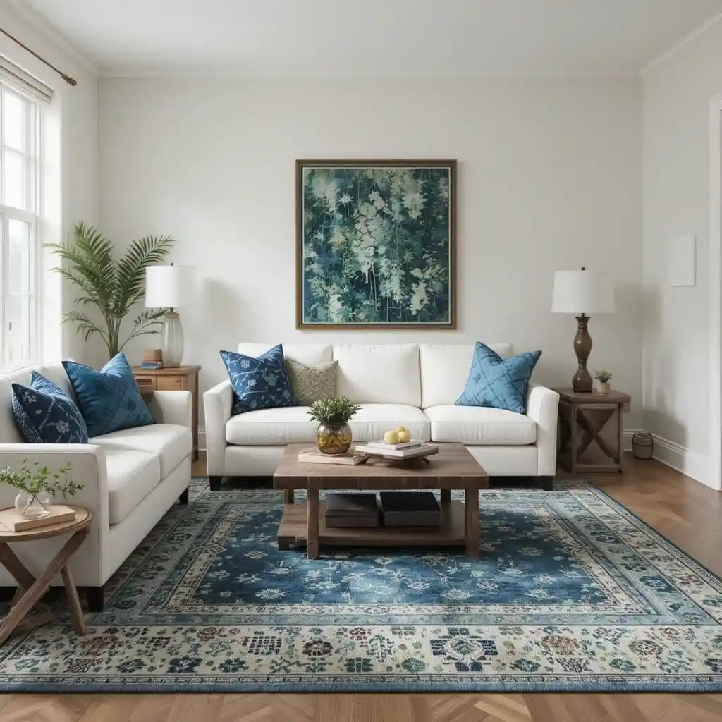 Mismatched Green and Blue Rugs for a Layered Effect