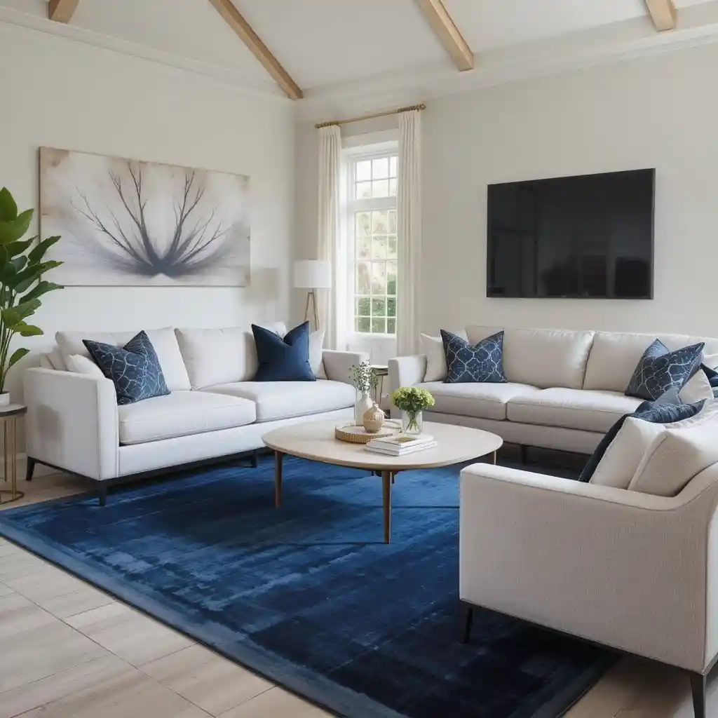 Navy Blue Rug with Neutral Furniture