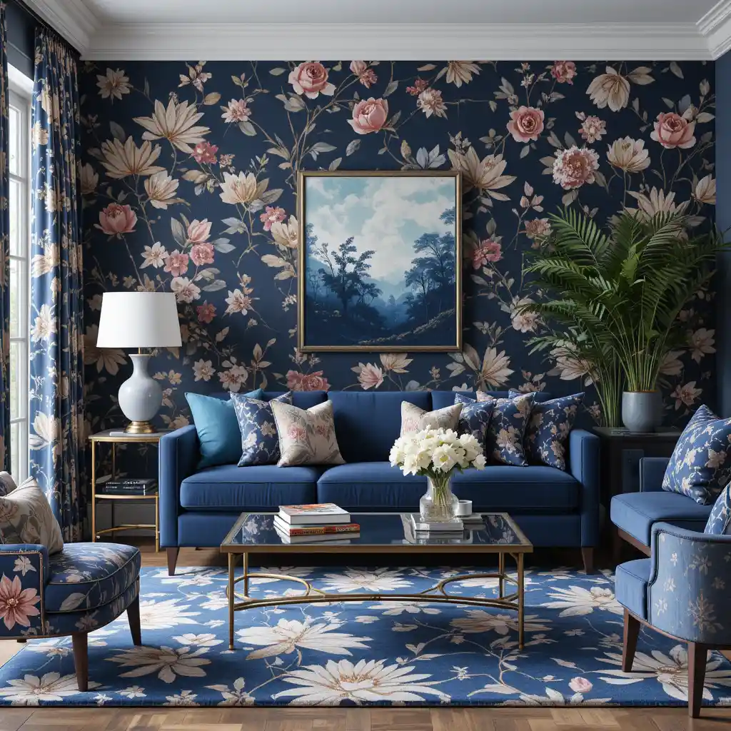 Navy Blue with Bold Floral Patterns