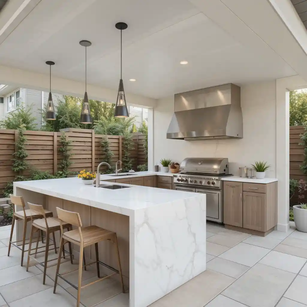 Open-Air Kitchen with a Waterfall Countertop