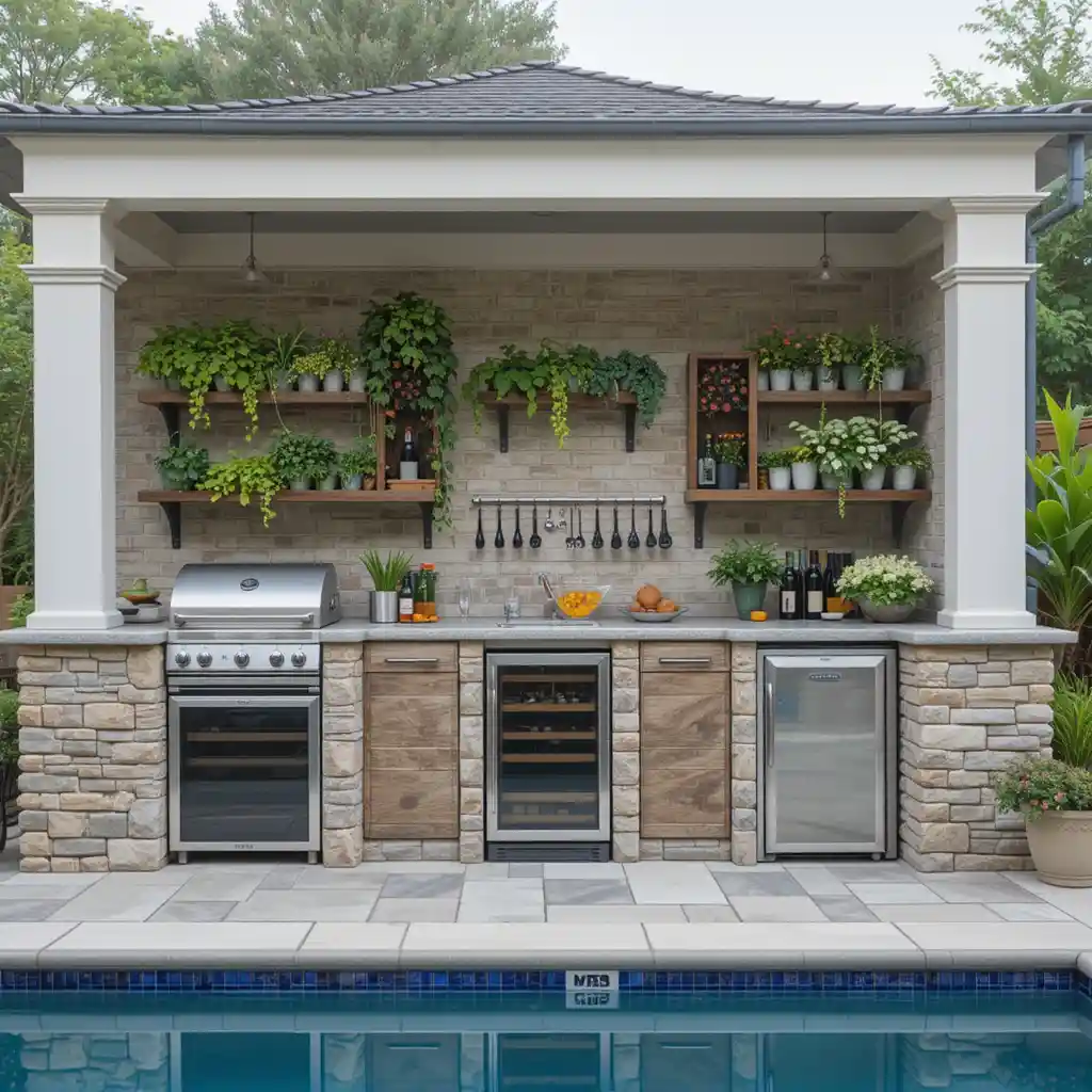 Outdoor Bar with Hanging Herb Garden