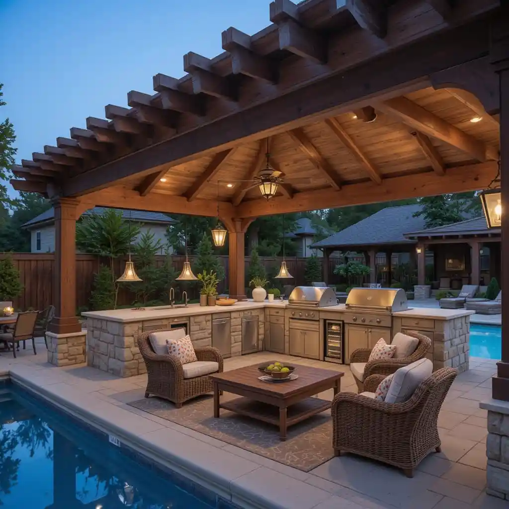 Poolside Pergola with Outdoor Kitchen