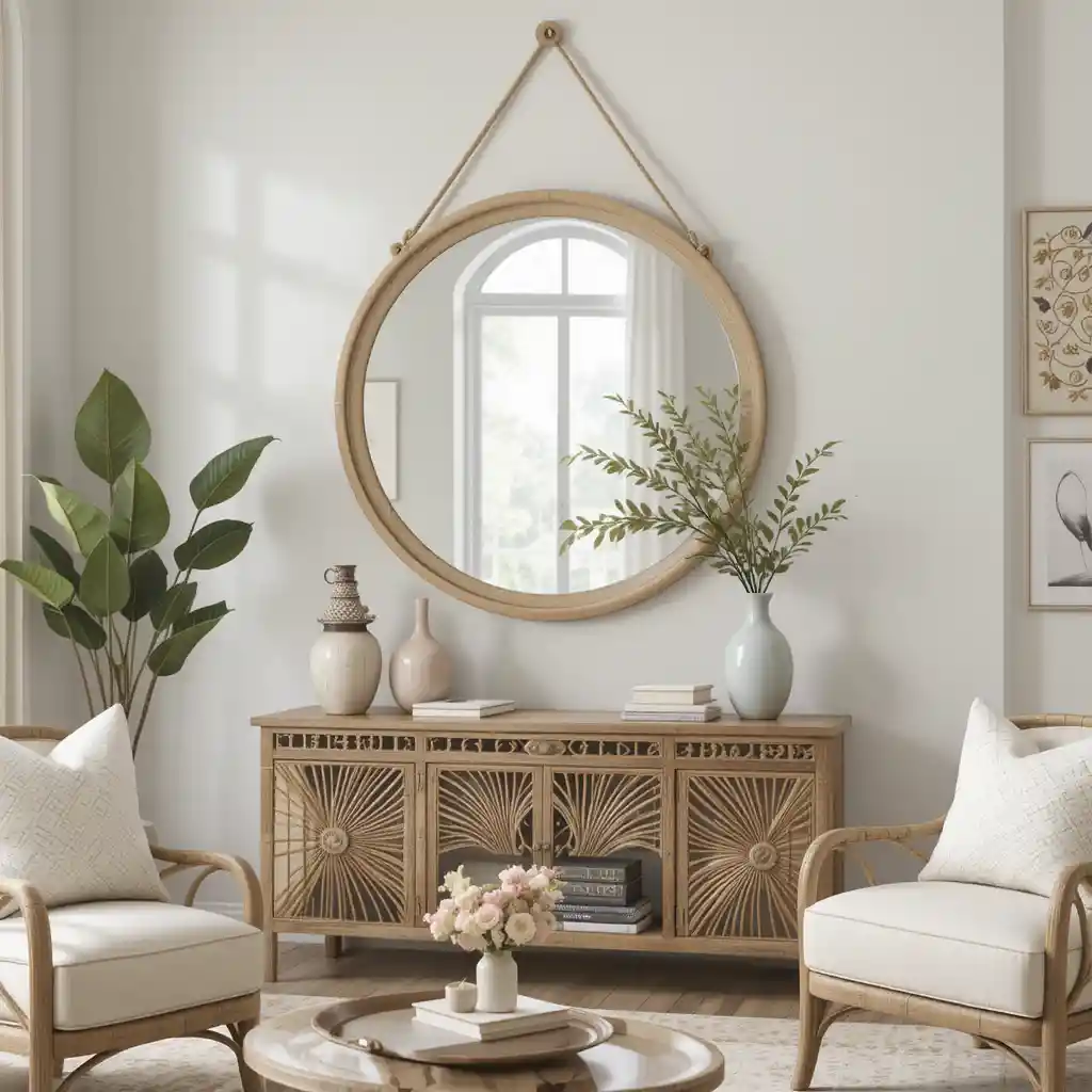Round Mirror with Natural Frame