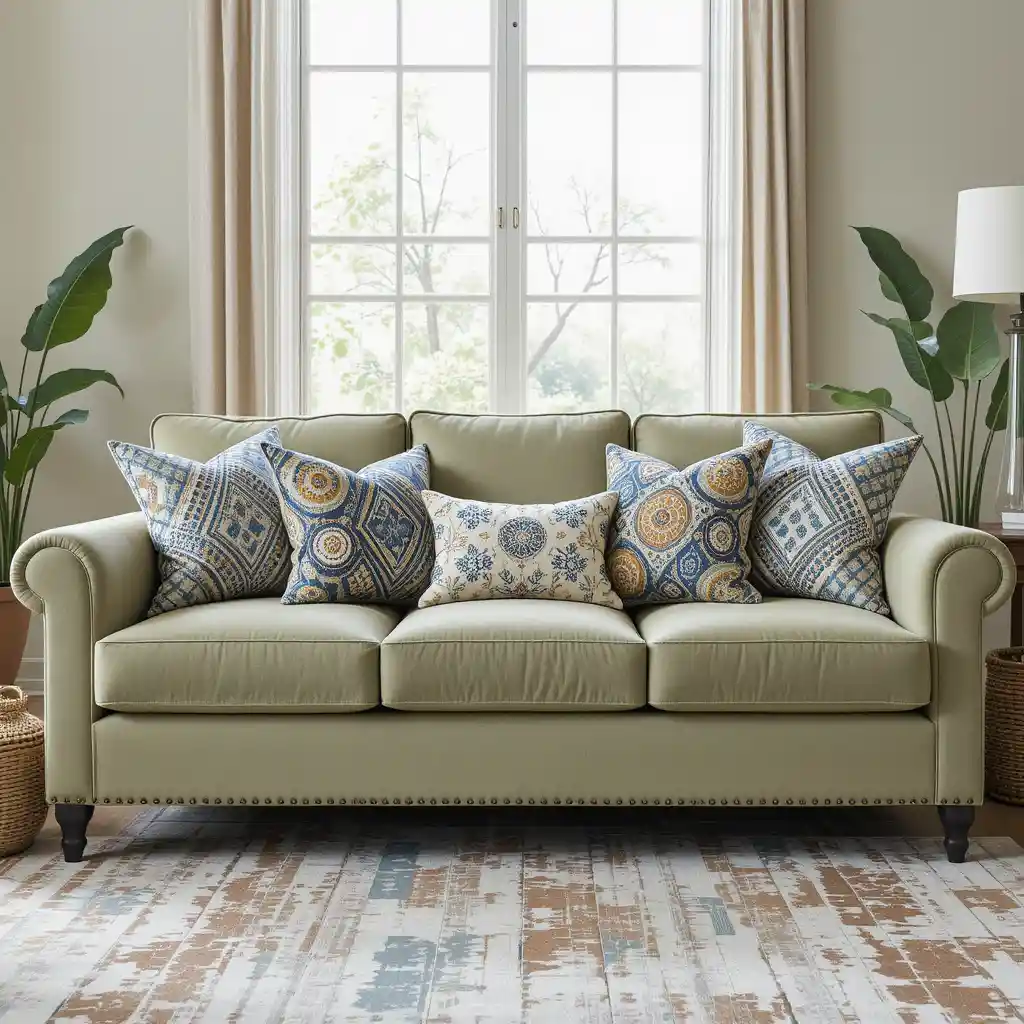 Sage Green Sofa with Patterned Throw Pillows