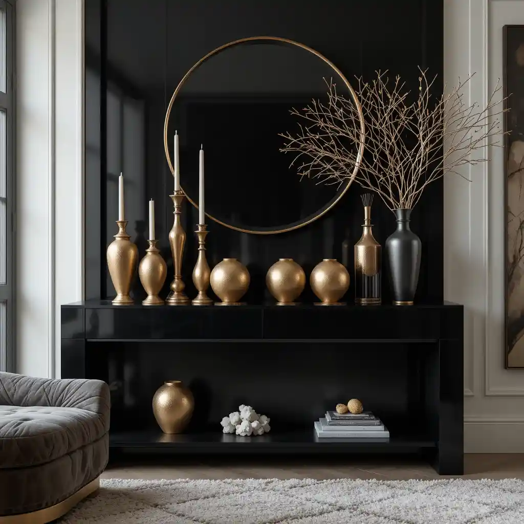 Sculptural Gold Decor on Black Surfaces