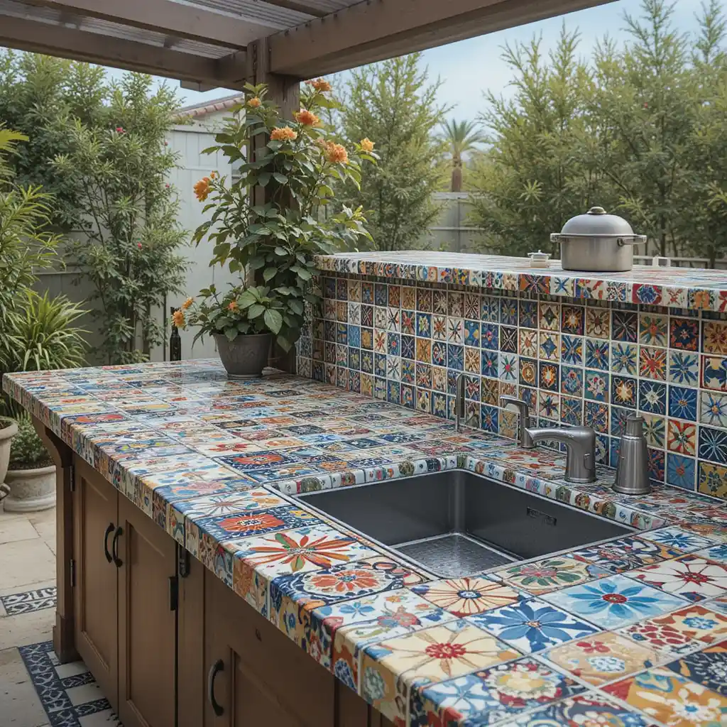 Tile Mosaic with Hand-Painted Patterns