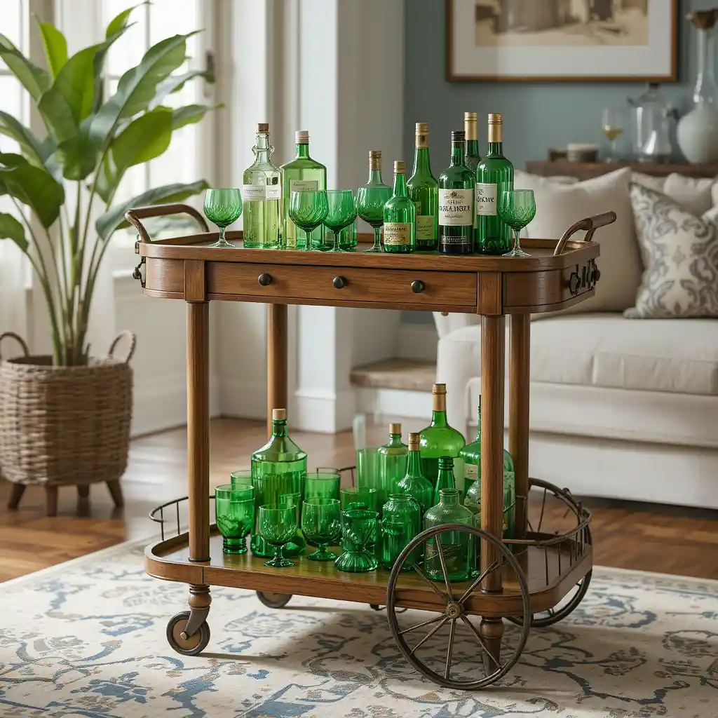 Wooden Bar Cart with Green Glassware