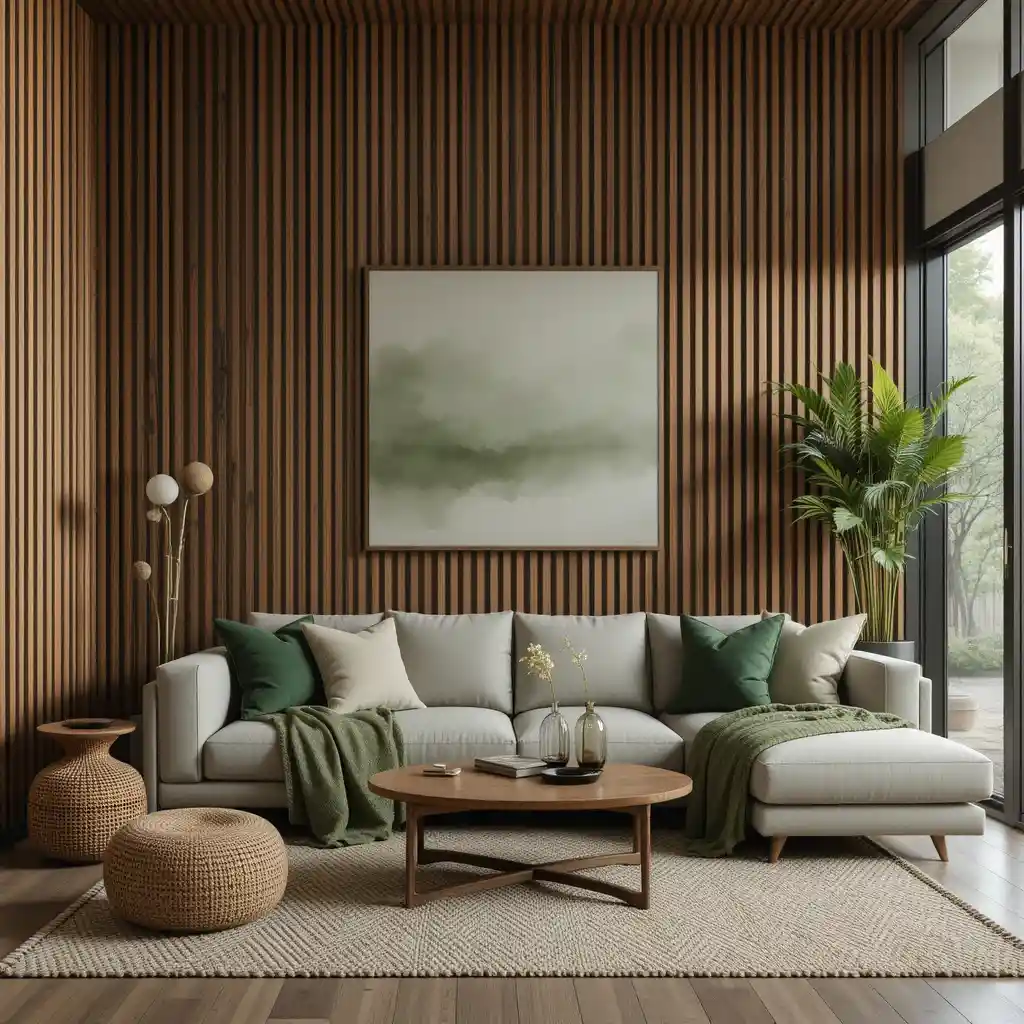 Wooden Slatted Walls with Green Throw Blankets