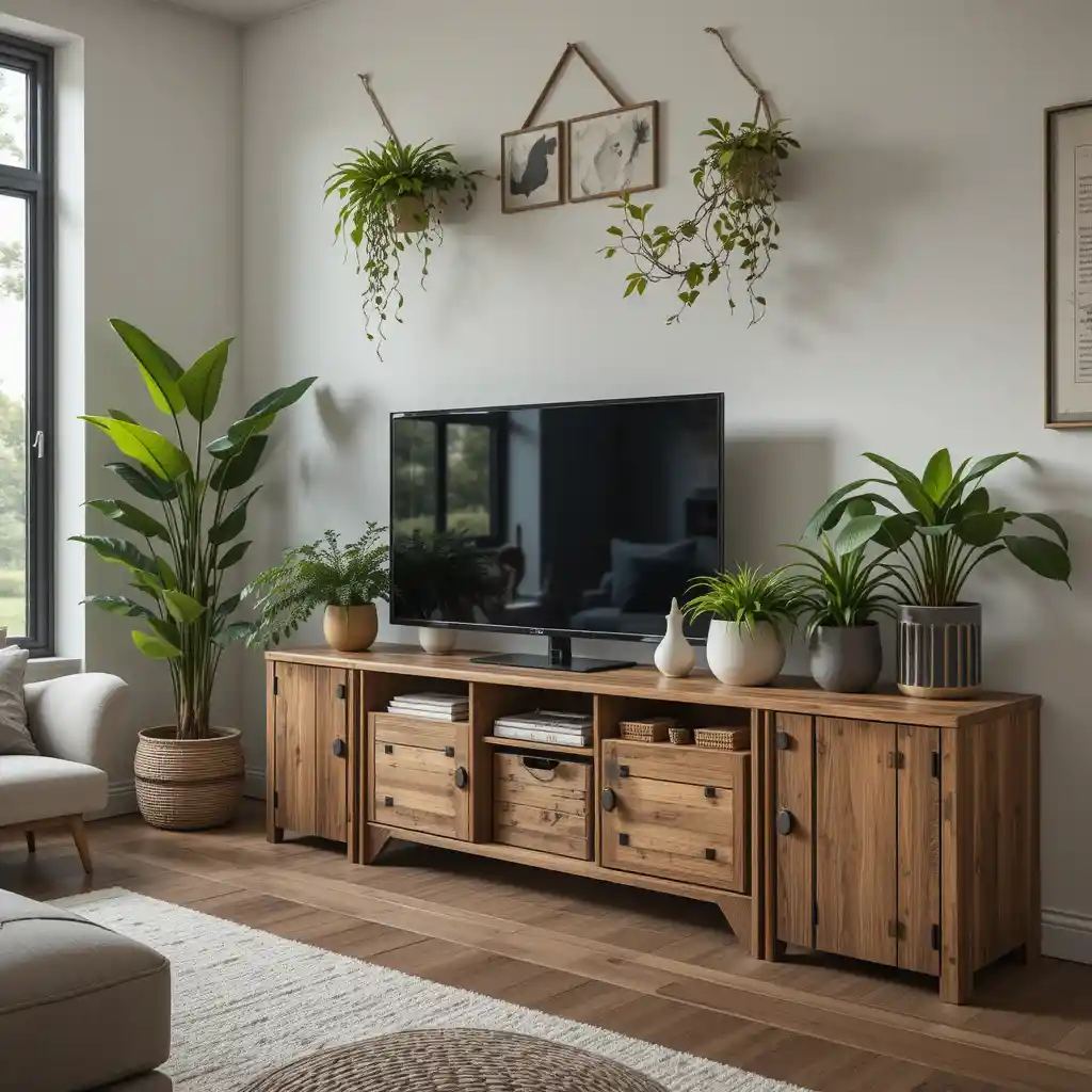 Wooden Storage Units with Green Plant Decor