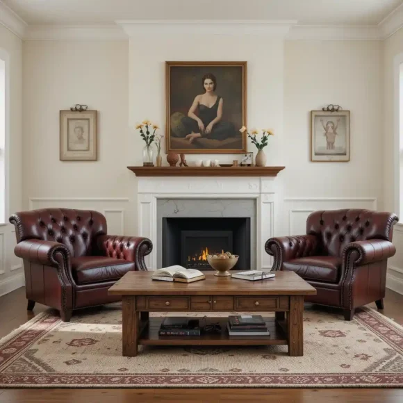 Burgundy Leather Armchairs and a Rustic Coffee Table