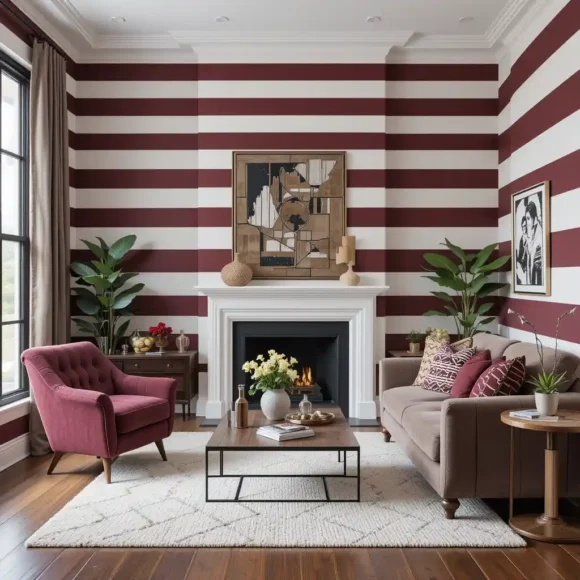Burgundy Striped Walls for Visual Interest