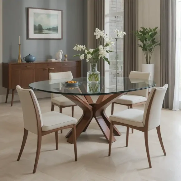 Curved Glass Dining Table with Wooden Base