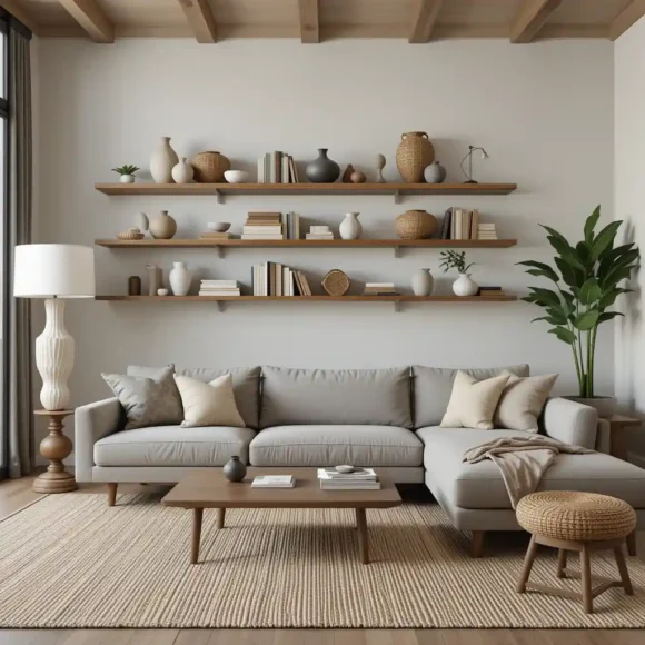 Floating Shelves with Woven Baskets