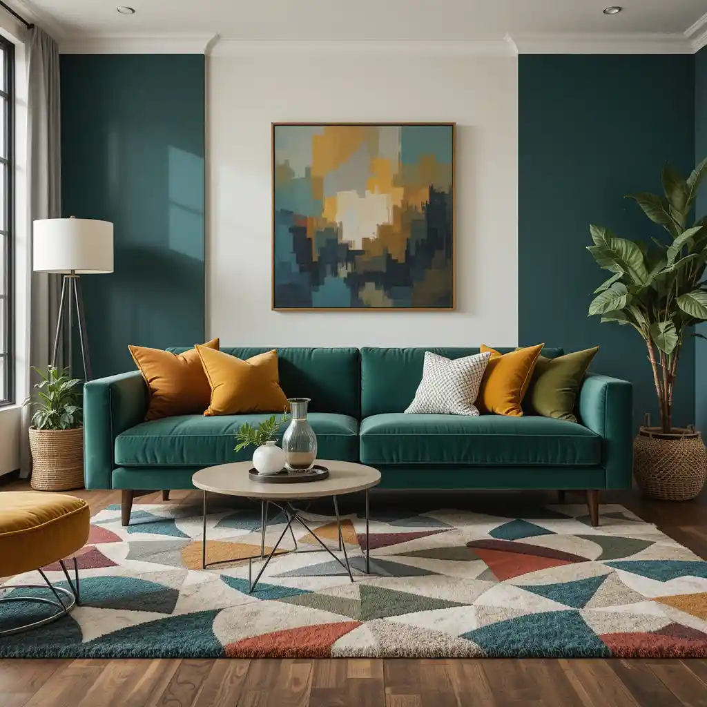 Mid-Century Velvet Sofa with Geometric Rug