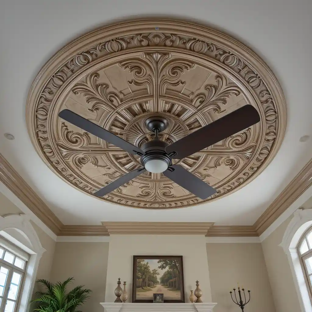 Old-World Ceiling Medallion with Sleek Ceiling Fan