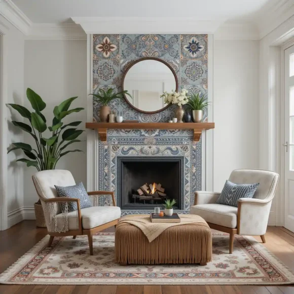 Patterned Tile Fireplace with Boho Accents