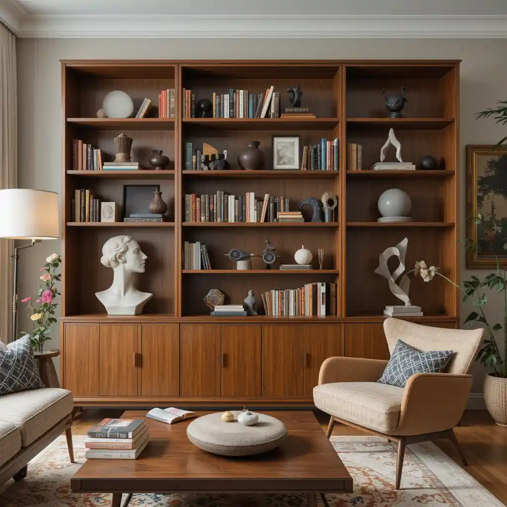 Retro Bookshelf Styling with Modern Sculptures