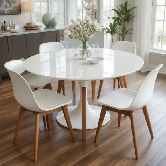 White Lacquer Dining Table with Wooden Legs