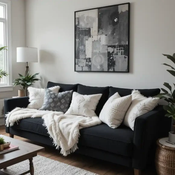 Black Sofa With Soft White Throws