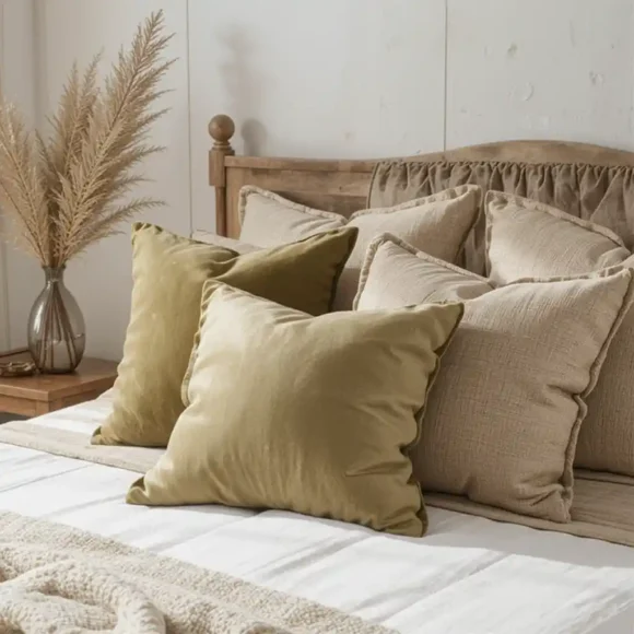 Olive Velvet Throw Pillows With Tan Linen