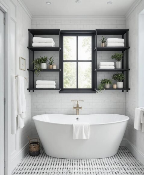 Black Shelving with White Décor