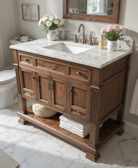 Vanity with Marble Top and Wood Base