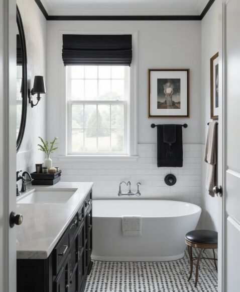 White Bathroom with Black Accessories
