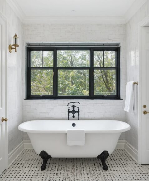White Bathtub with Black Fixtures