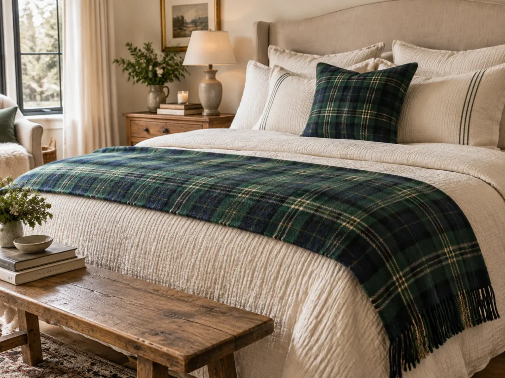 A Green Tartan Wool Blanket at the Foot of the Bed