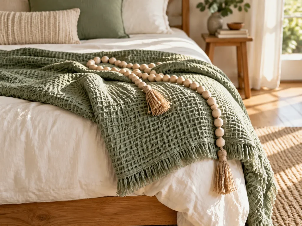 A Raw Wood Bead Garland on a Sage Throw