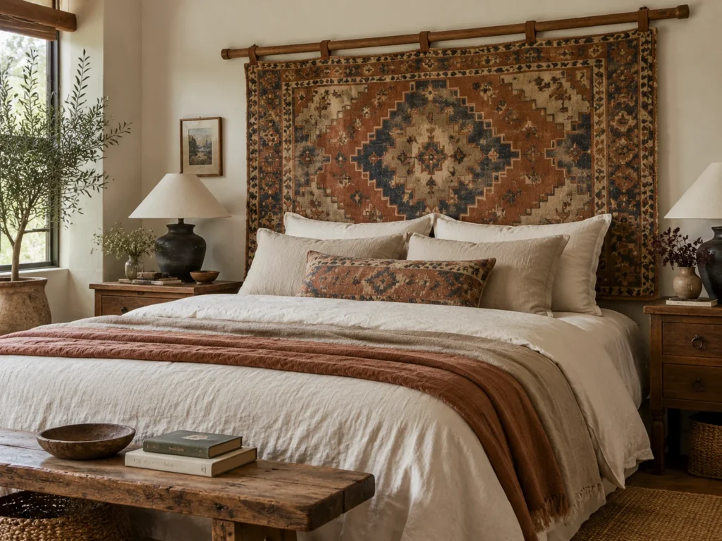 A Vintage Rug Hung as a Headboard