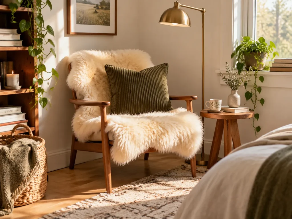 An Olive Corduroy and Sheepskin Reading Corner