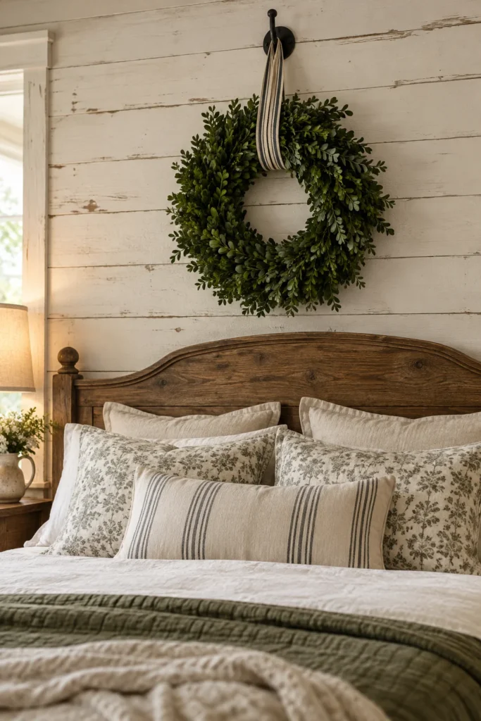 Boxwood Wreath on a Ticking Ribbon