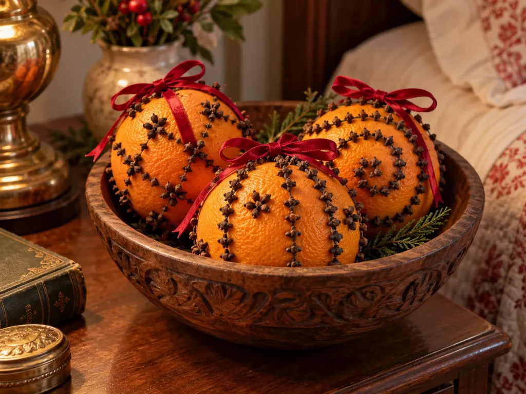 Clove Orange Pomanders with Red Ribbon