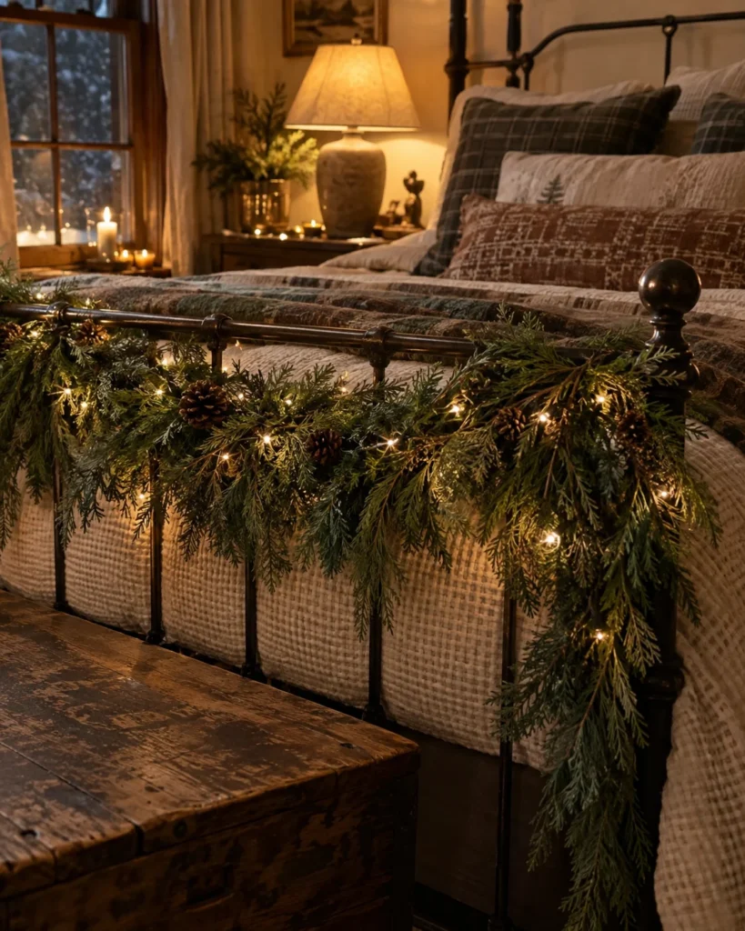Draped Pine & Cedar Garland on the Bed Frame