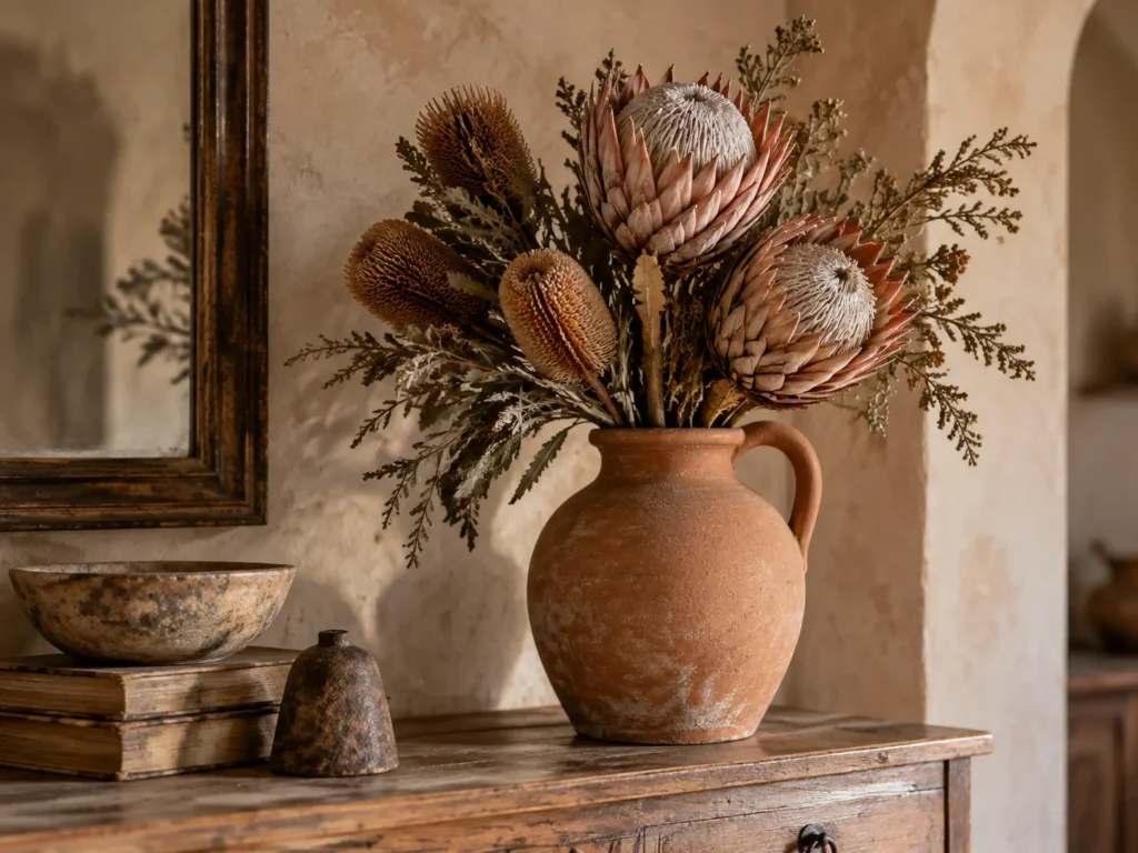 Dried Protea in a Terracotta Jug