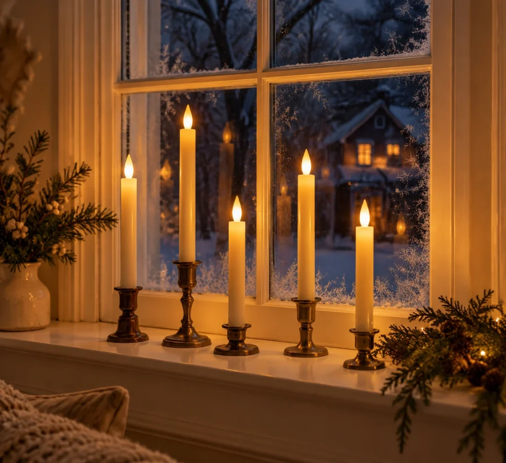 Flameless Tapers on Windowsill