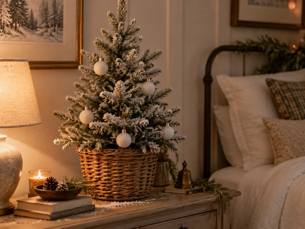 Flocked Tabletop Tree in a Wicker Basket
