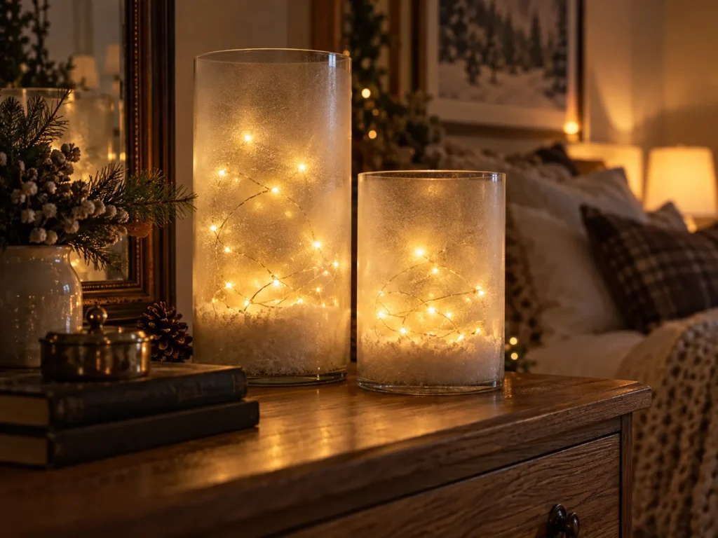 Frosted Glass Hurricanes with Fairy Lights