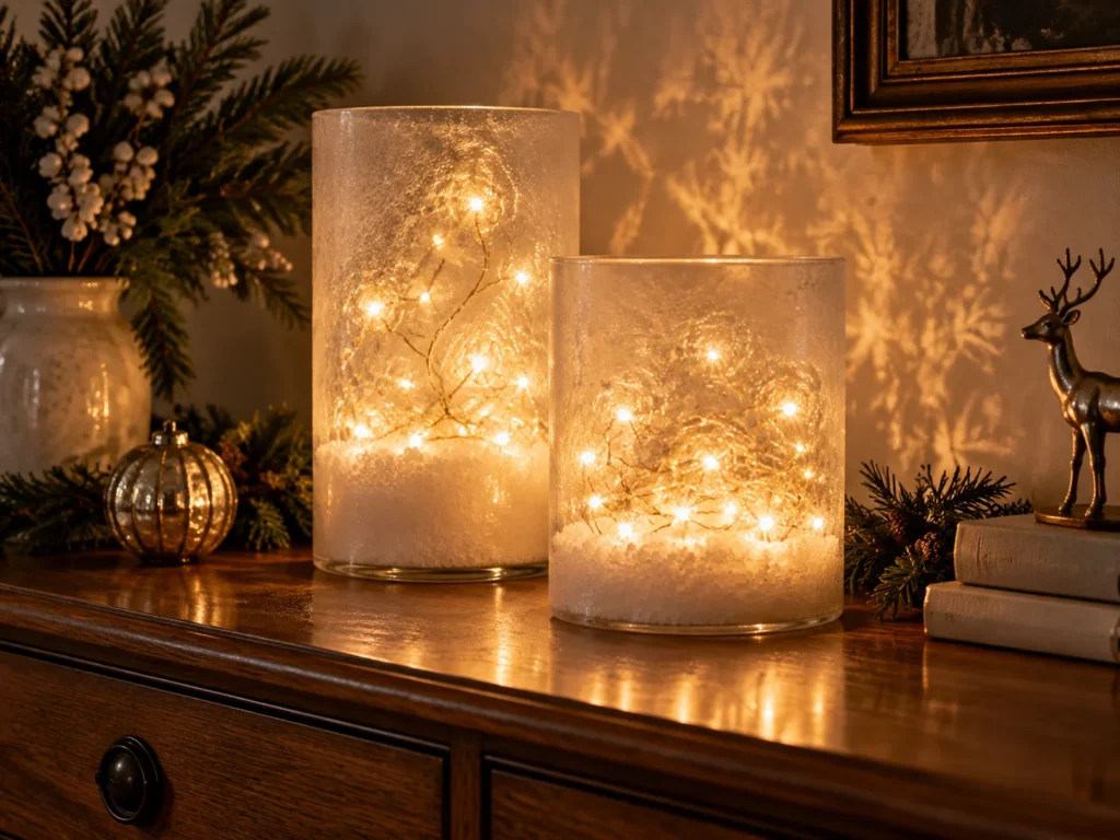 Frosted Glass Hurricanes with Fairy Lights