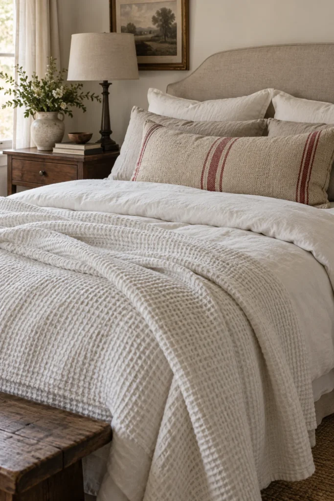 Grain Sack Lumbar and Waffle Knit Coverlet