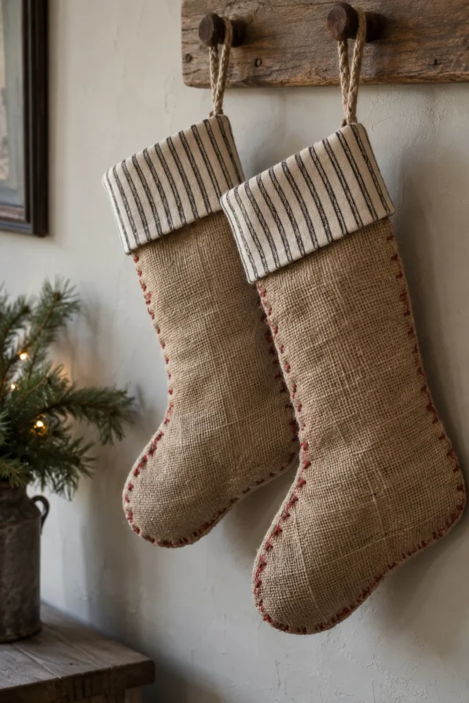 Handmade Burlap and Ticking Stockings