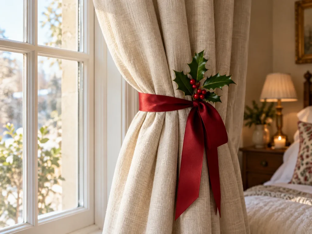 Holly and Red Ribbon Curtain Tiebacks