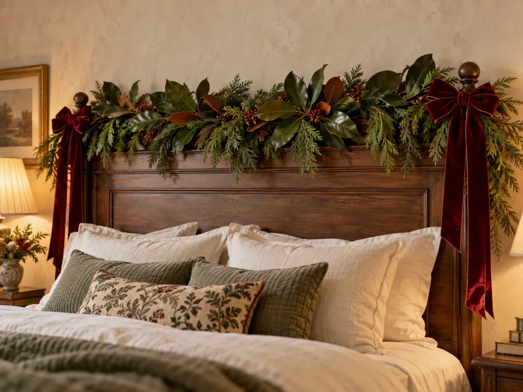 Magnolia and Cedar Headboard Garland with Velvet Bows