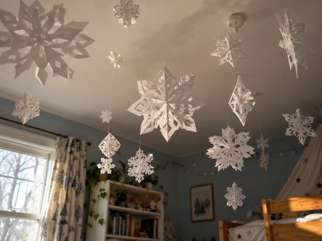 Paper Snowflakes Floating at Different Heights