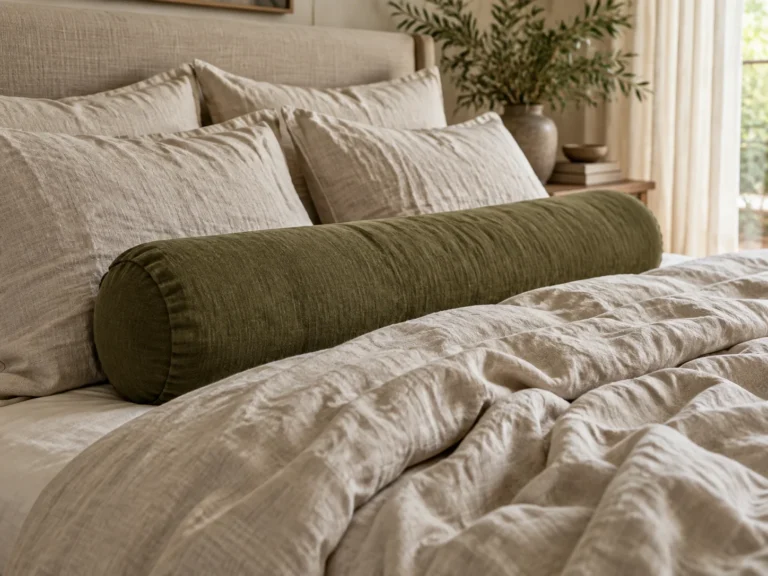 Raw Linen With Olive Bolster Pillows